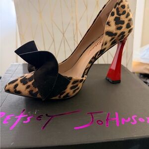 Betsey Johnson Animal Print Heels with Black Bow and Red Heel